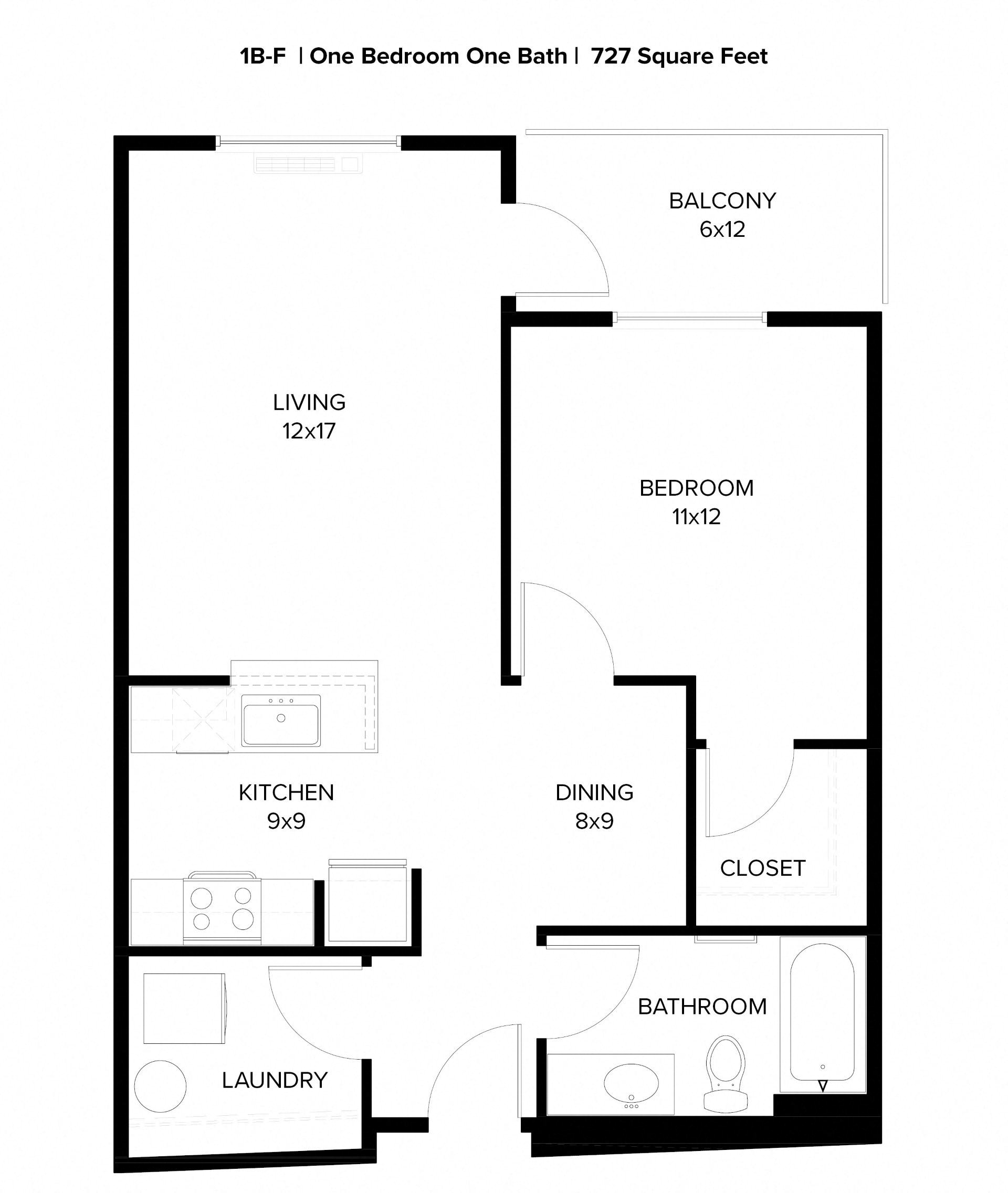 Floor plan for 1 bed, 1 bath, 727 sqft